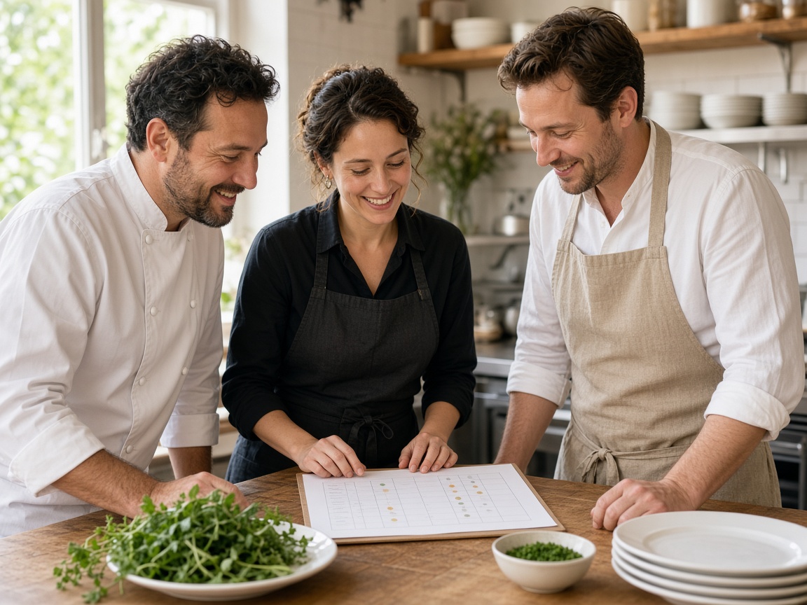 Équipe de restauration réunie autour des informations d'hygiène alimentaire